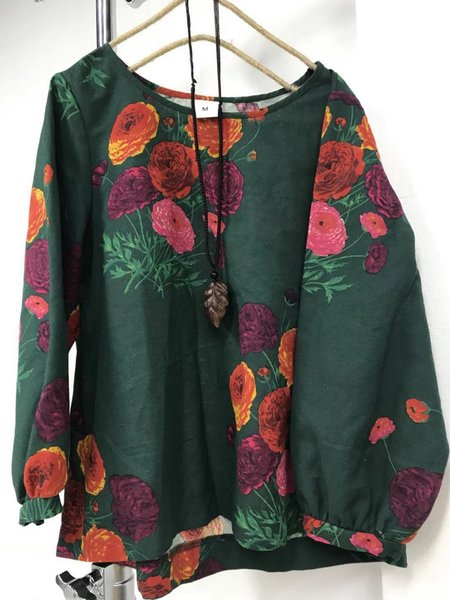 

Vintage Long Sleeve Printed Patchwork Tops, Red, Tops
