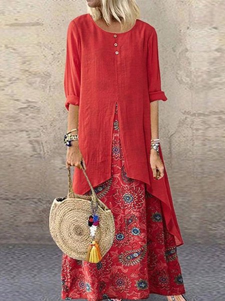 

Cotton-Blend Printed Round Neck Long Sleeve Dresses, Red, Dresses