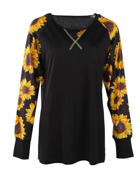 

Top a Girocollo Stampato Floreale Casuale, Nero, T-Shirts
