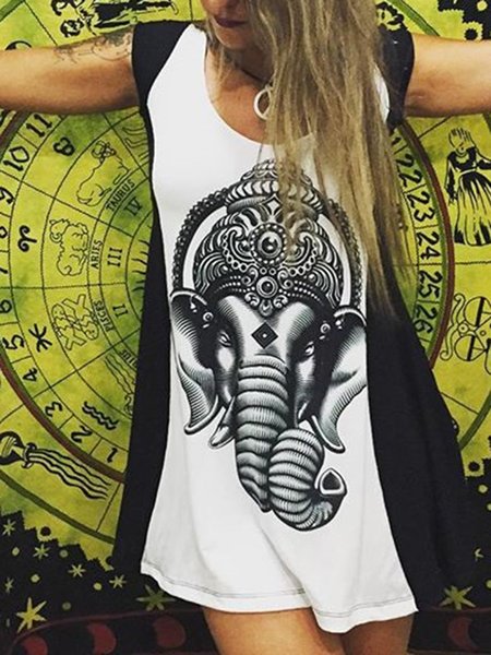 

Animal Crew Neck Cotton-Blend Short Sleeve Knitting Dress, White, Dresses