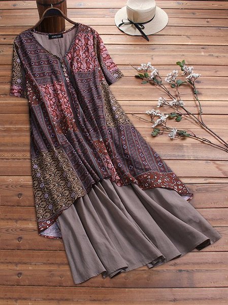 

Short Sleeve V Neck Boho Dress, Red, Print Dress