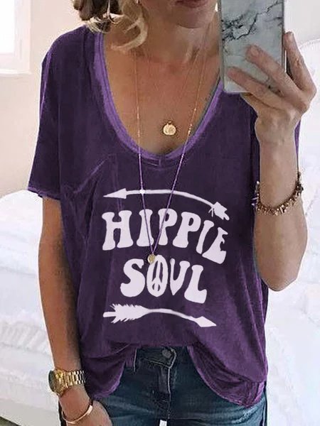 

Lettera Scollo a V Misto Cotone Maniche Corte Top, Viola, T-Shirts