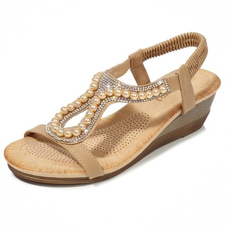 

2019 Summer Wedge Rhinestone Decorative Peep Toe Sandals, Apricot, Sandals