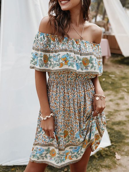 

Horizontal Neck Holiday Holiday Printed Midi Dress, White, Midi Dresses