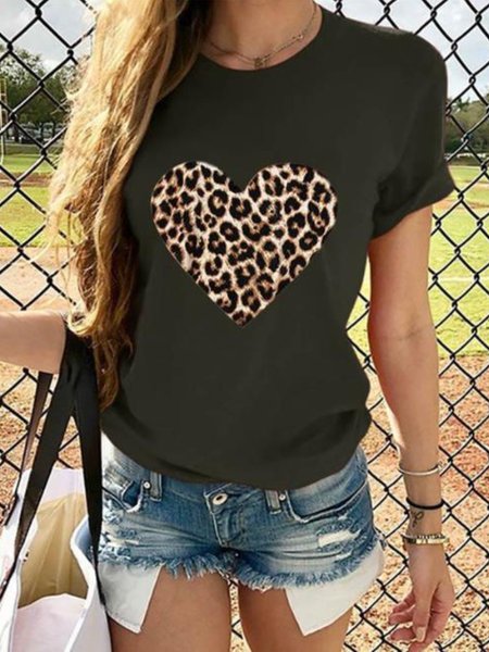 

Short Sleeve Printed Round Neck Casual Top, Army green, Tees & T-shirts