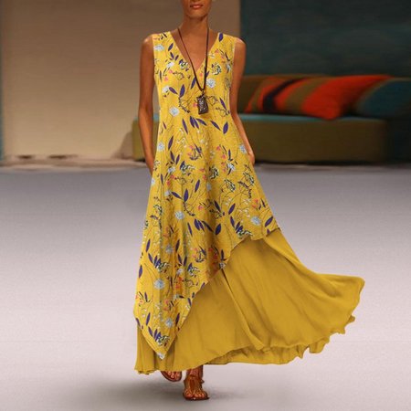 

Holiday Printed Sleeveless A-Line Dresses, Yellow, Dresses