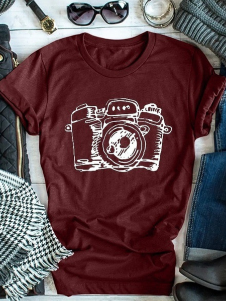 

T-Shirt a Girocollo Casuale Stampato di Cotone, Vino rosso, T-Shirts
