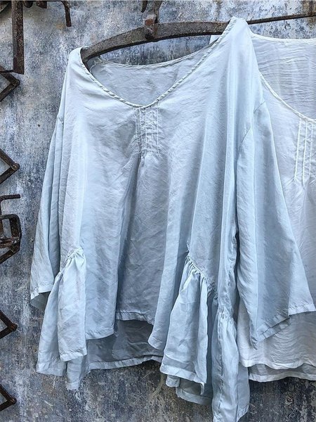 

zolucky Vintage Plain Plus Size Long Sleeve V Neck Casual Tops, Light blue, Blouses & Shirts