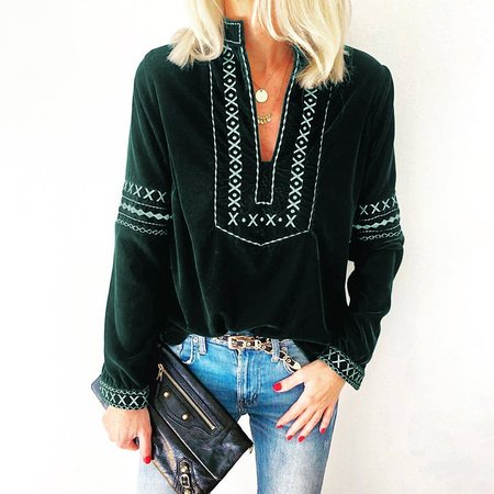 

V Neck Vintage Long Sleeve Paneled T-shirt, Green, T-Shirts