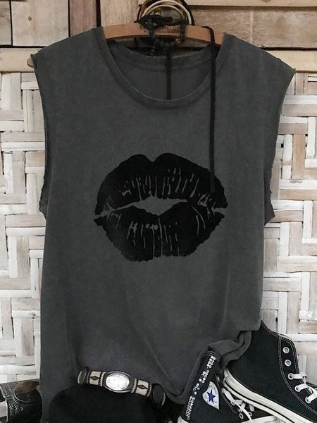 

Top a Girocollo Stampato Grafico Casuale, Grigio scuro, Tops