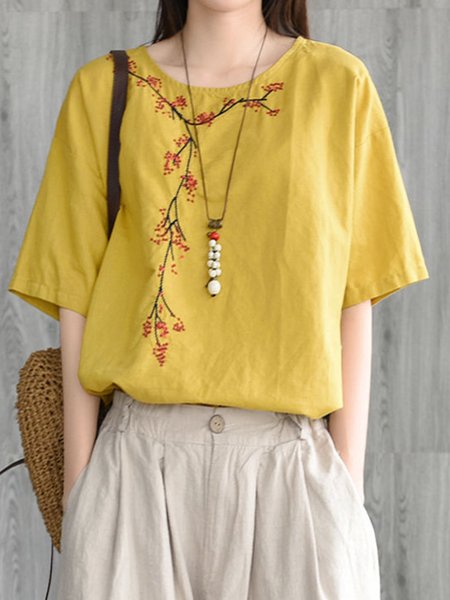 T-Shirt a Girocollo Ricamato, Giallo, Blouses & Shirts