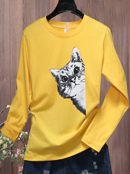 

Vintage Long Sleeve Cat Printed Plus Size Casual Tops, Yellow, Tops
