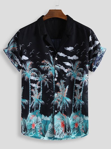 

Black Printed Beach Plants Shirts, Men's Top