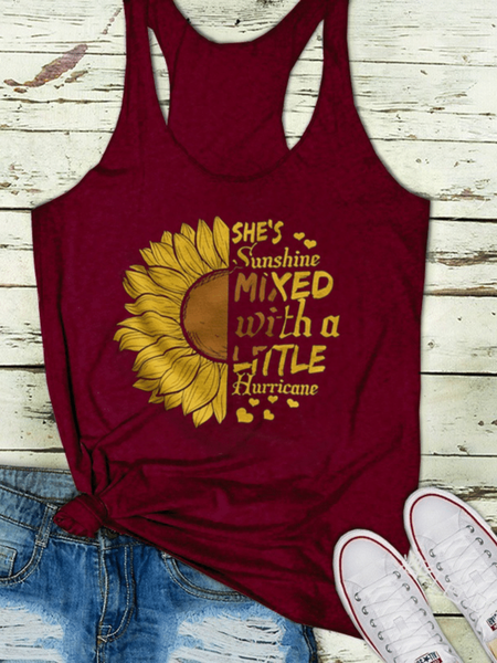 

Sunflower-Print Sleeveless Casual Tank Top, Wine red, T-shirts