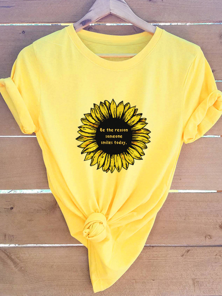 

T-Shirt Stampato Floreale Casuale, Giallo, Tops