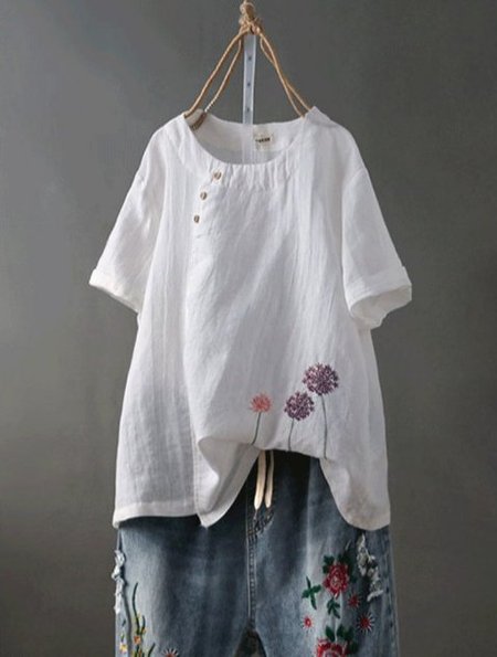 

Casual Short Sleeve Embroidered Floral Crew Neck Vintage Tops, White, Tops