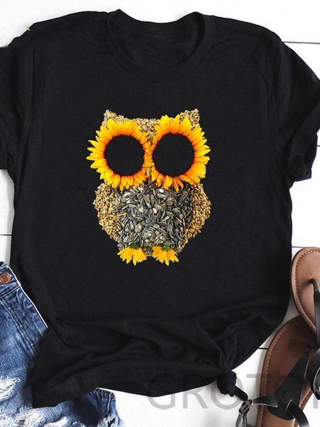 

T-Shirt Girasole Stampato Casuale, Nero, Tops