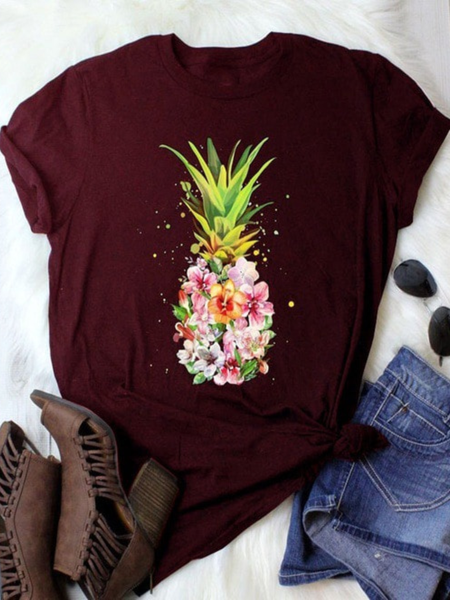 

Crew Neck Printed Short Sleeve Casual T-shirt, Wine red, T-Shirts