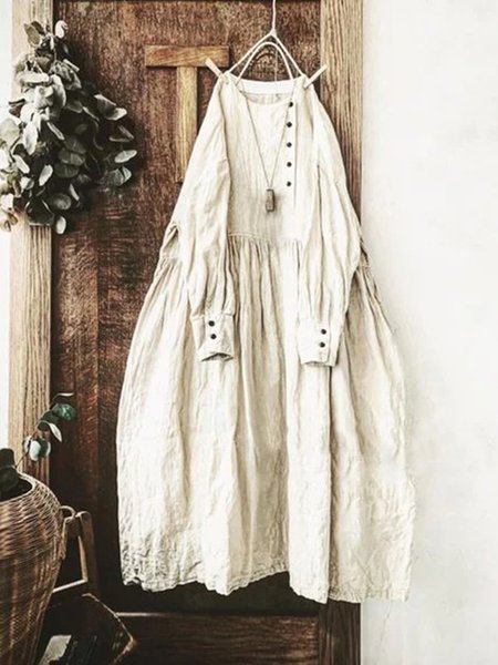 

Midi Abito Casuale Vintage Tinta unita taglia grande a Maniche Lunghe, Bianco, Linen & Cotton Dresses