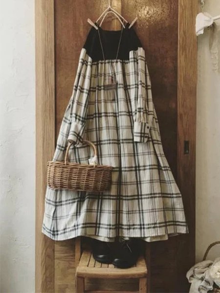 

Vintage Plaid Plus Size Long Sleeve Casual Dress, Gray, Dresses