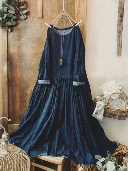 

Midi Abito Casuale Vintage Tinta unita a Maniche Lunghe a Girocollo taglia grande, Blu marino, Maxi Dresses