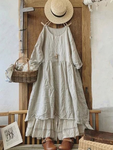 

Vintage Plain Plus Size Long Sleeve Casual Dress, Gray, Maxi Dresses
