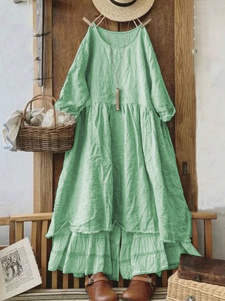 

Vintage Plain Plus Size Long Sleeve Casual Dresses, Green, Dresses