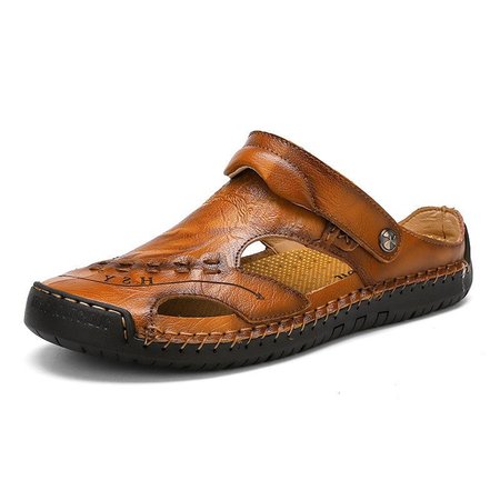 

Large Size Men Hand Stitching Closed Toe Comfy Soft Leather Sandals, Yellow brown, Sandals