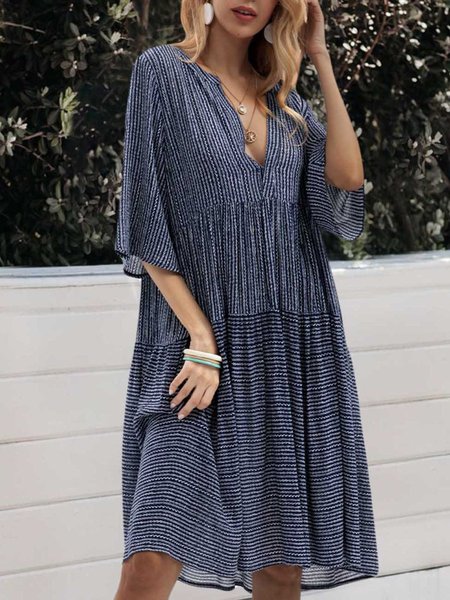 

V Neck Blue A-Line Boho Striped Mini Dress, Mini Dresses