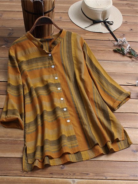 Camicetta con Scollo a V Casuale Abbottonata, Giallo, Tops