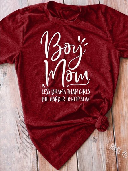 Cotton Casual Round Neck Printed T-shirt, Wine red, Tops