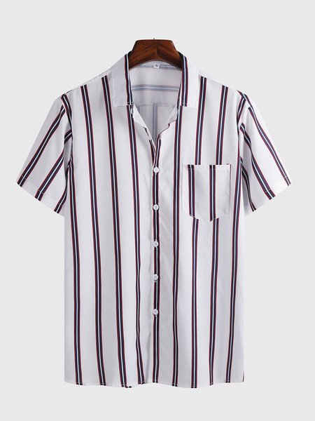 

White Summer Season Casual Stripes Shirt Collar Blouse Men's Shirts & Tops, Men