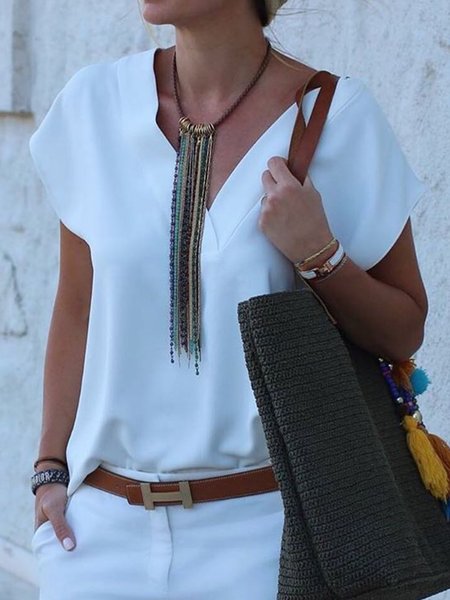 

Top con Scollo a V di Cotone, Bianco, Tops