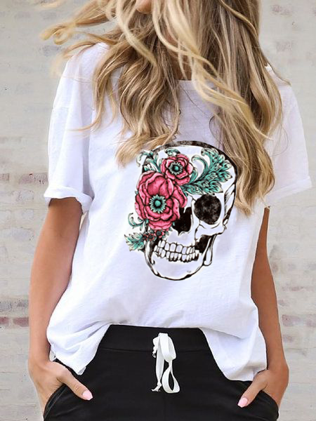 

T-Shirt a Girocollo Casuale Stampato di Misto Cotone, Bianco, Tops