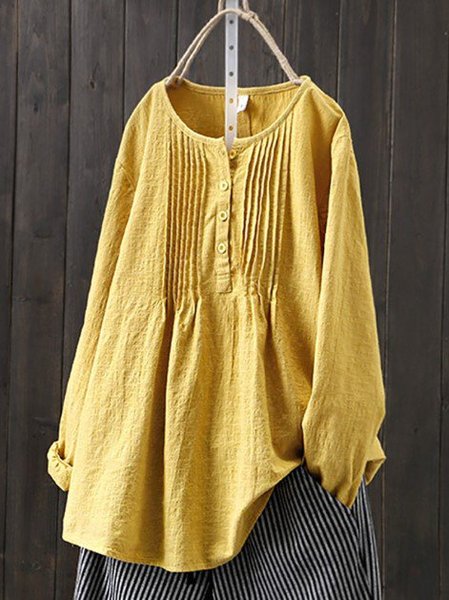 

Women's Shirt Blouse Linen Cotton Solid Color Daily Vacation Weekend Ruched Button Long Sleeve Basic Casual Crew Neck Regular Fit Spring Fall Winter, Yellow, Blouses & Shirts