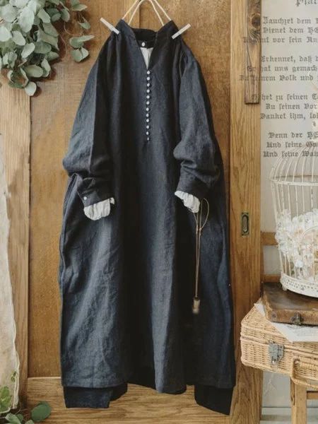 

Women Buttoned Solid Cotton-Blend LOng Sleeve Casual Maxi Weaving Dress, Black, Maxi Dresses