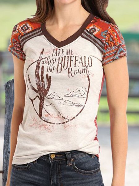 

Paneled V Neck Short Sleeve Shirts & Tops, As picture, Tops