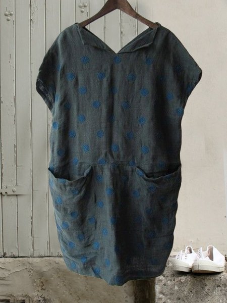 

Abito Casuale con Scollo a V a Pois Vintage, Grigio blu, Casual Dresses