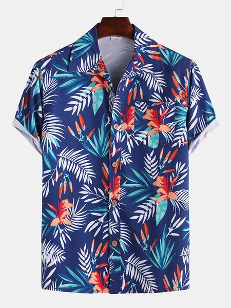 

Men's Hawaiian Style Coco Leaf Breathable Chest Pocket Shirts, Blue, Men's Floral shirt