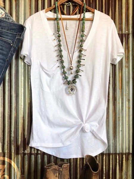 

T-Shirt con Scollo a V di Misto Cotone, Bianco, T-Shirts