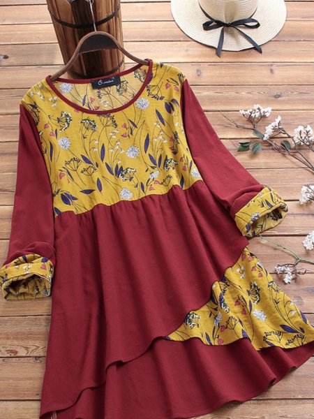 

Round Neck Casual Long Sleeve T-shirt, Red, Tops