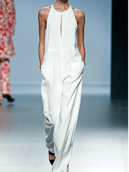 

One-Pieces a Girocollo Dritto Casuale di Cotone, Bianco, Jumpsuits
