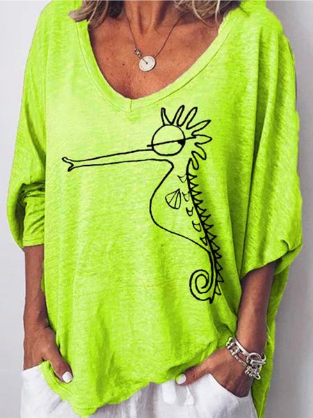 

3/4 Sleeve V Neck Casual Seahorse Top, Green, Tops
