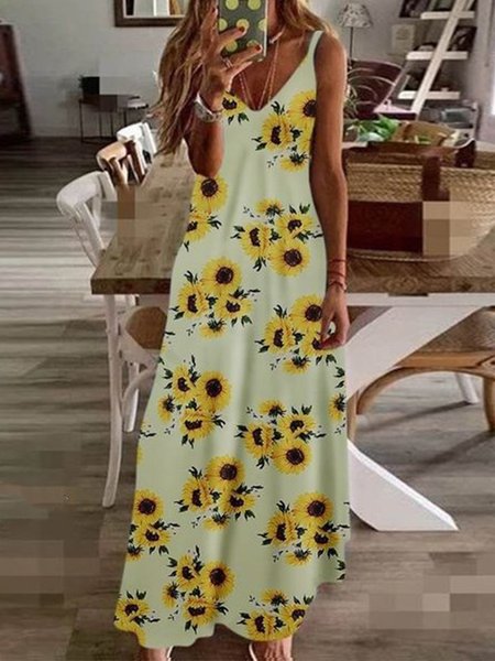 

Maxi Abito Girasole Stampato con Scollo a V Casuale, Giallo, Maxi Dresses