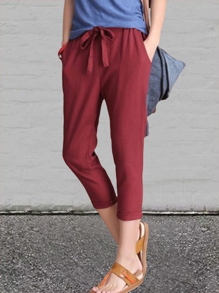 

Vintage Plus Size Women Plain Casual Pants, Wine red, Shorts