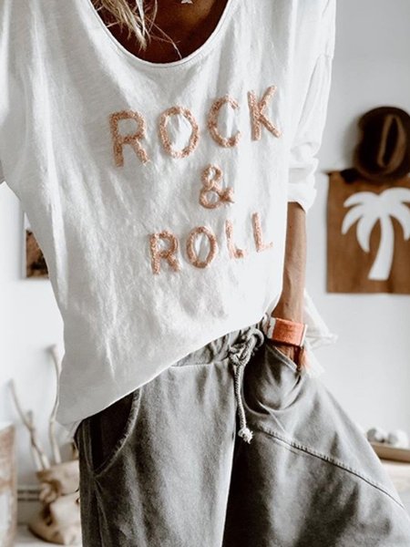 

White Casual Letter Long Sleeve Round Neck Shirts & Tops, Winter Clearance