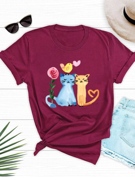 

Casual Crew Neck Cat Animal Tops, Wine red, Tops