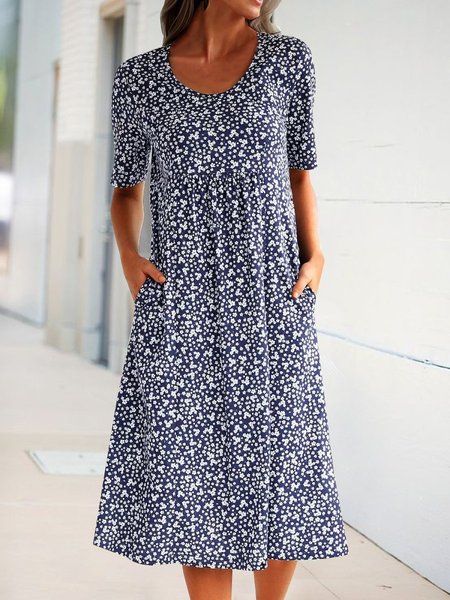 

Women's Short Sleeve Shift Floral-Print Causal Dress, Navy blue, Midi