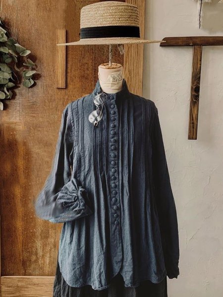 

Vintage Plain Plus Size Long Sleeve Casual Top, Navy blue, Tops