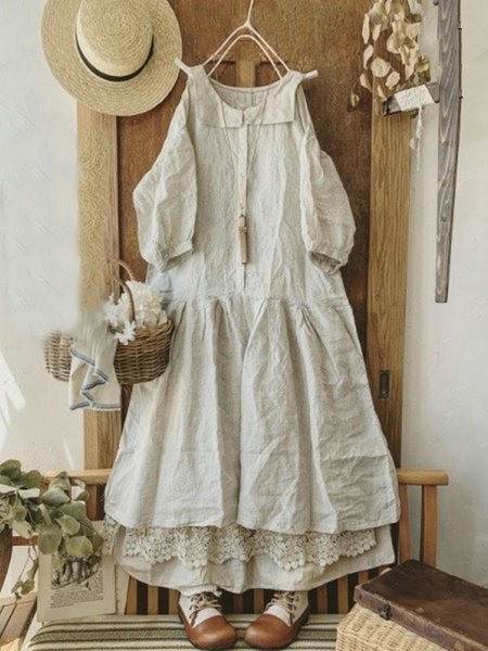 

Vintage Plain Plus Size Square Neck Casual Weaving Dress, Light gray, Dresses